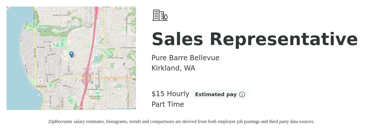 Pure Barre Bellevue job posting for a Sales Representative in Kirkland, WA with a salary of $16 Hourly with a map of Kirkland location.