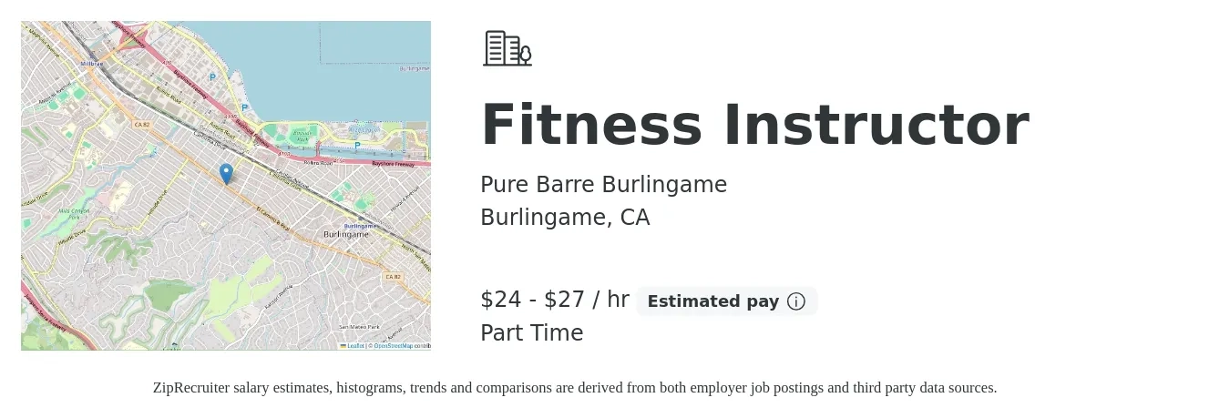 Pure Barre Burlingame job posting for a Fitness Instructor in Burlingame, CA with a salary of $25 to $29 Hourly with a map of Burlingame location.