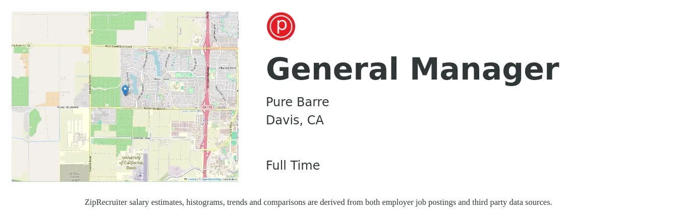 Pure Barre job posting for a General Manager in Davis, CA with a salary of $53,500 to $80,000 Yearly with a map of Davis location.
