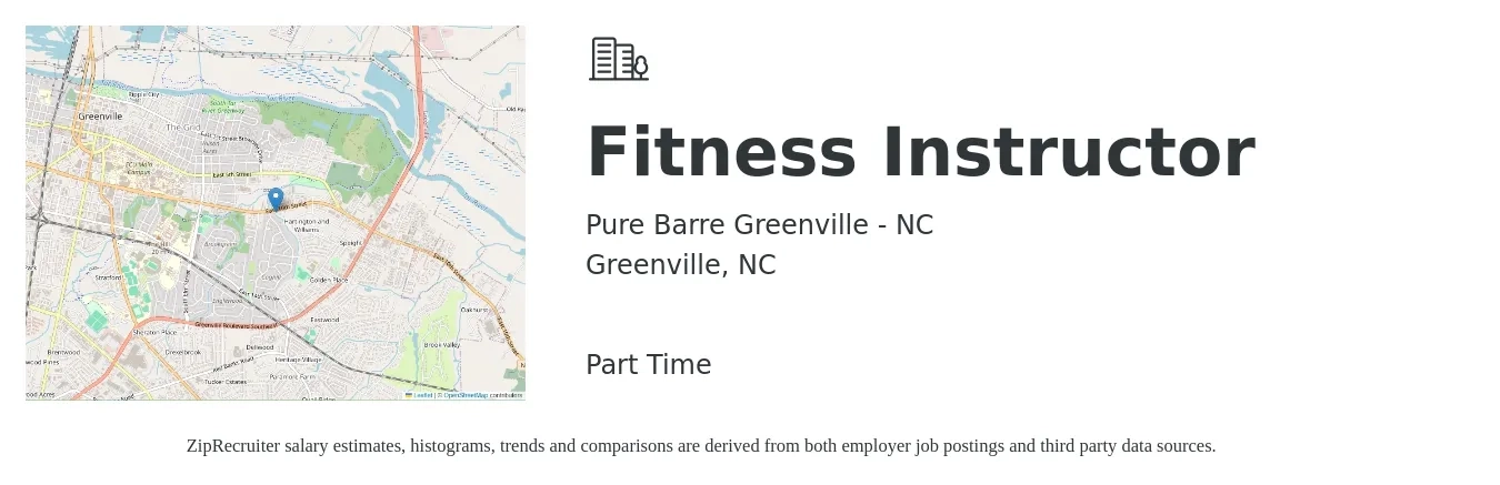 Pure Barre Greenville - NC job posting for a Fitness Instructor in Greenville, NC with a salary of $18 to $28 Hourly with a map of Greenville location.