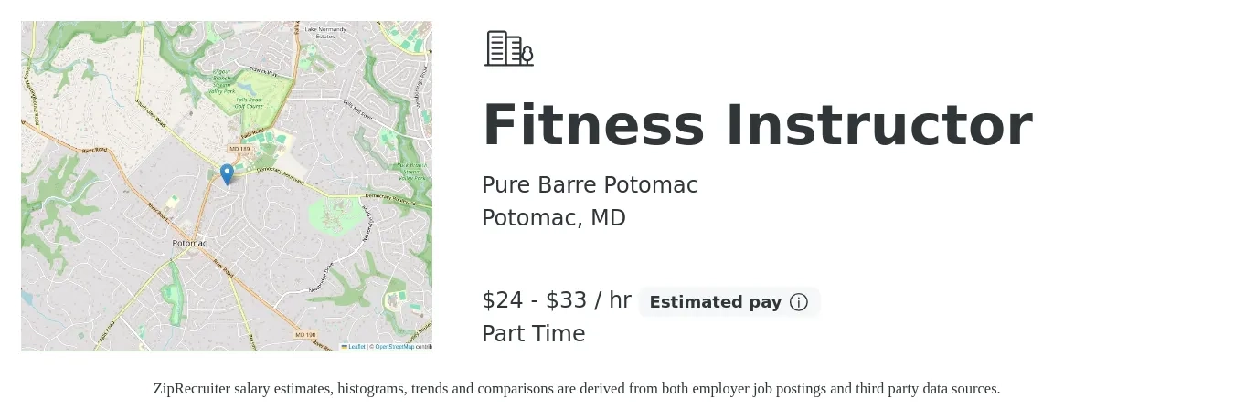 Pure Barre Potomac job posting for a Fitness Instructor in Potomac, MD with a salary of $25 to $35 Hourly with a map of Potomac location.