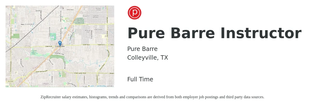 Pure Barre job posting for a Pure Barre Instructor in Colleyville, TX with a salary of $14 to $23 Hourly with a map of Colleyville location.