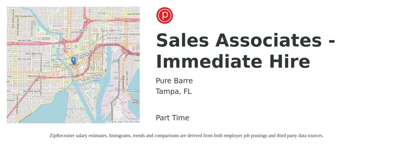 Pure Barre job posting for a Sales Associates - Immediate Hire in Tampa, FL with a salary of $50,600 to $87,900 Yearly with a map of Tampa location.