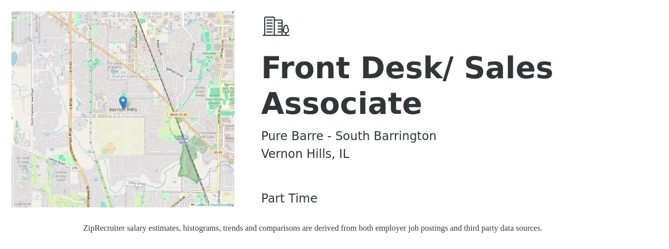 Pure Barre - South Barrington job posting for a Front Desk/ Sales Associate in Vernon Hills, IL with a salary of $13 to $16 Hourly with a map of Vernon Hills location.
