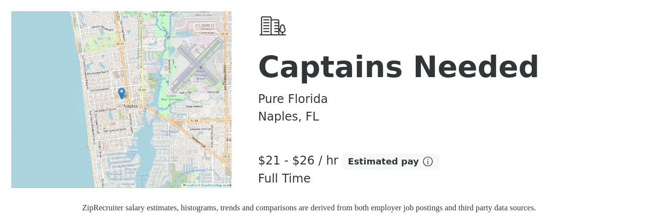Pure Florida job posting for a Captains Needed in Naples, FL with a salary of $22 to $28 Hourly and benefits including retirement with a map of Naples location.
