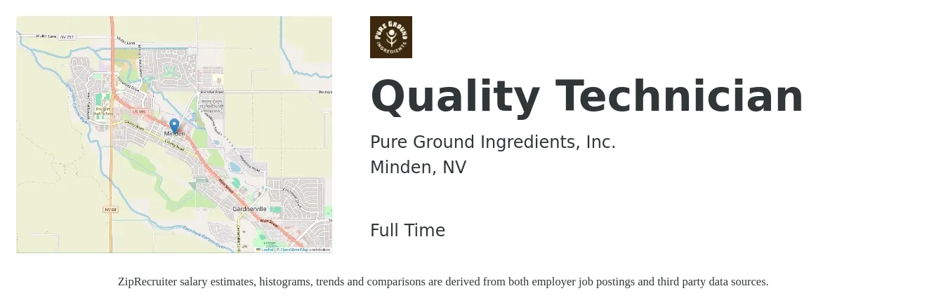 Pure Ground Ingredients, Inc. job posting for a Quality Technician in Minden, NV with a salary of $18 to $24 Hourly with a map of Minden location.