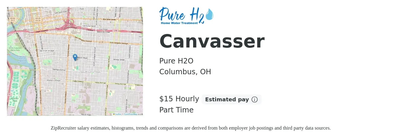 Pure H2O job posting for a Canvasser in Columbus, OH with a salary of $16 Hourly (plus commission) with a map of Columbus location.