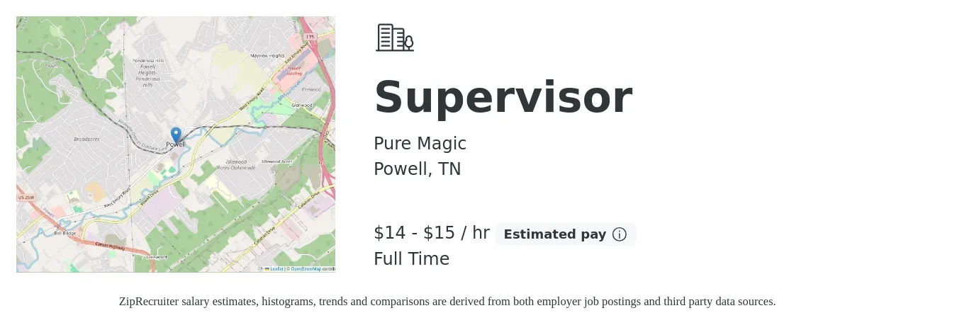 Pure Magic job posting for a Supervisor in Powell, TN with a salary of $15 to $16 Hourly with a map of Powell location.