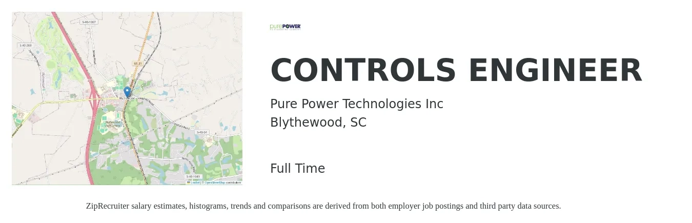 Pure Power Technologies Inc job posting for a CONTROLS ENGINEER in Blythewood, SC with a salary of $66,600 to $86,200 Yearly with a map of Blythewood location.
