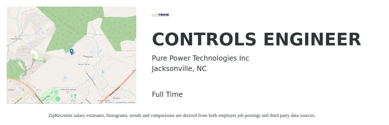 Pure Power Technologies Inc job posting for a CONTROLS ENGINEER in Jacksonville, NC with a salary of $65,900 to $85,300 Yearly with a map of Jacksonville location.