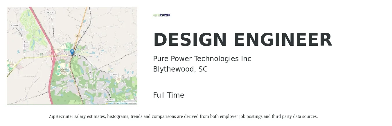 Pure Power Technologies Inc job posting for a DESIGN ENGINEER in Blythewood, SC with a salary of $54,300 to $78,600 Yearly with a map of Blythewood location.