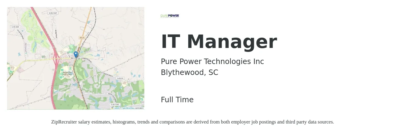 Pure Power Technologies Inc job posting for a IT Manager in Blythewood, SC with a salary of $75,800 to $93,000 Yearly with a map of Blythewood location.