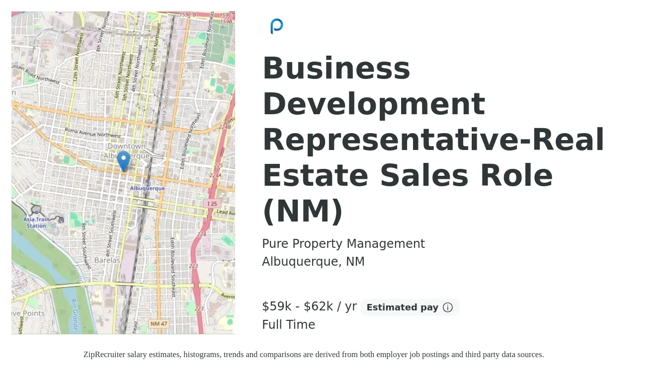 Pure Property Management job posting for a Business Development Representative-Real Estate Sales Role (NM) in Albuquerque, NM with a salary of $59,000 to $62,000 Yearly with a map of Albuquerque location.