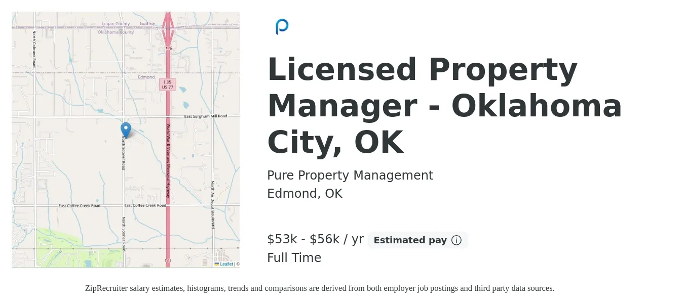 Pure Property Management job posting for a Licensed Property Manager - Oklahoma City, OK in Edmond, OK with a salary of $53,000 to $56,000 Yearly with a map of Edmond location.