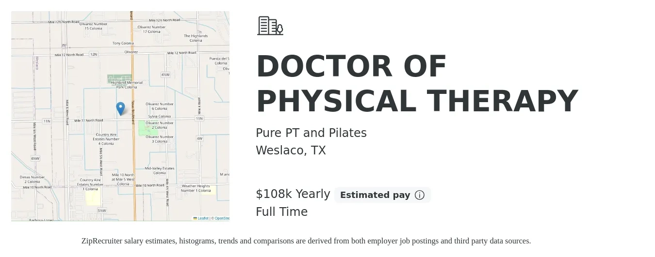 Pure PT and Pilates job posting for a DOCTOR OF PHYSICAL THERAPY in Weslaco, TX with a salary of $108,568 Yearly with a map of Weslaco location.
