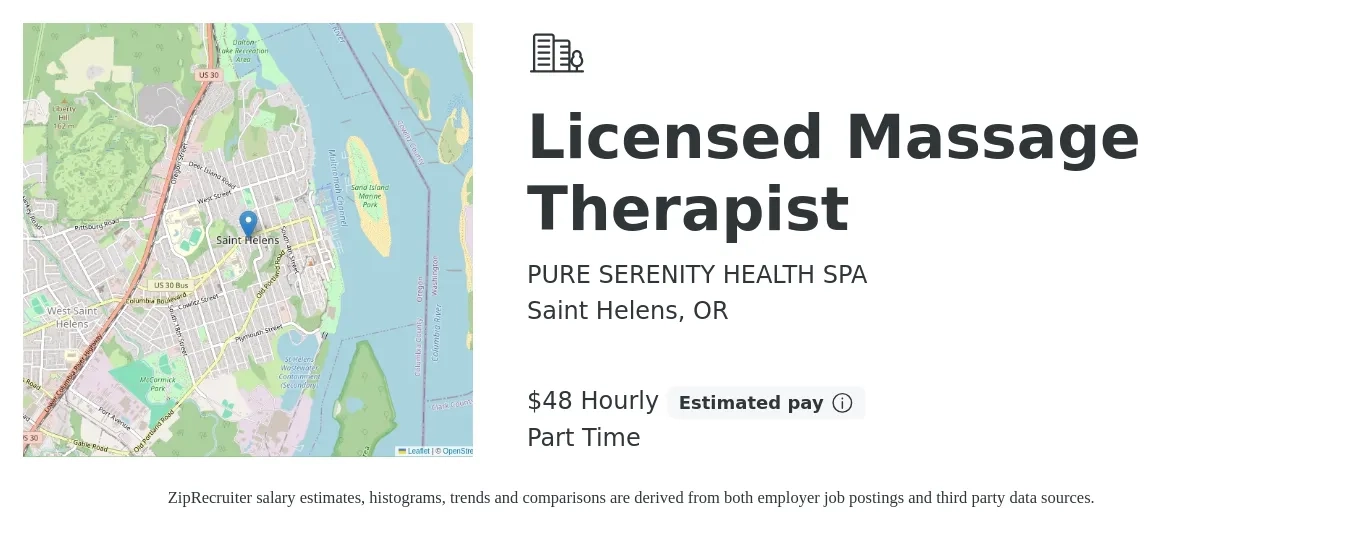 PURE SERENITY HEALTH SPA job posting for a Licensed Massage Therapist in Saint Helens, OR with a salary of $50 Hourly with a map of Saint Helens location.