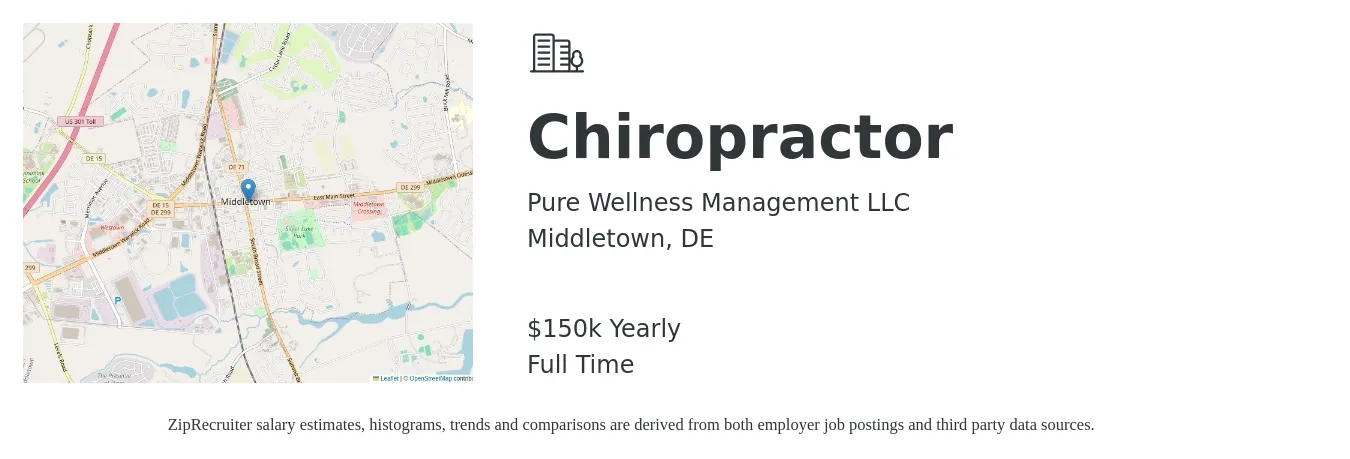 Pure Wellness Management LLC job posting for a Chiropractor in Middletown, DE with a salary of $150,000 Yearly with a map of Middletown location.