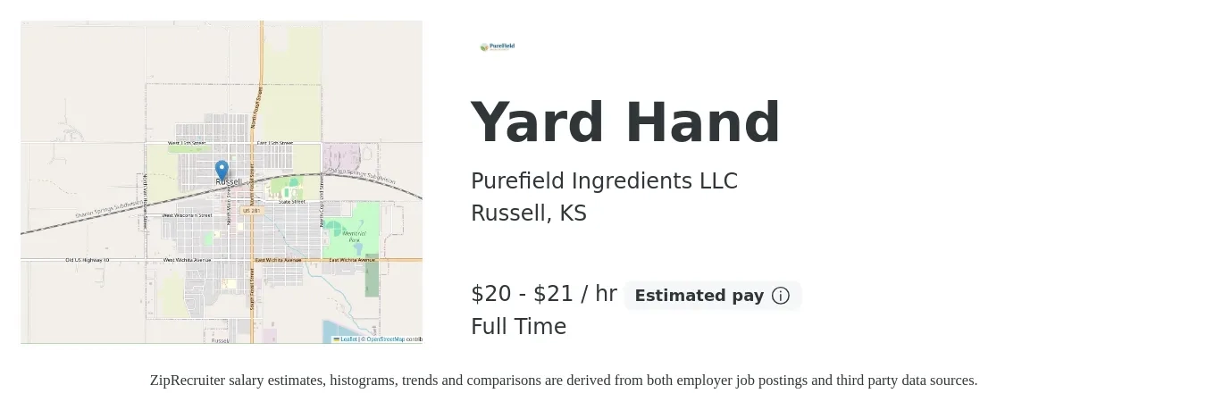 Purefield Ingredients LLC job posting for a Yard Hand in Russell, KS with a salary of $21 to $22 Hourly with a map of Russell location.