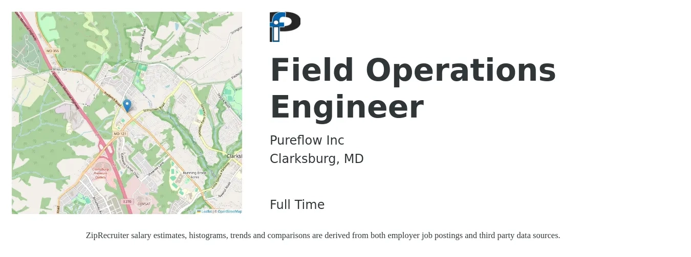 Pureflow Inc job posting for a Field Operations Engineer in Clarksburg, MD with a salary of $401,000 Yearly with a map of Clarksburg location.