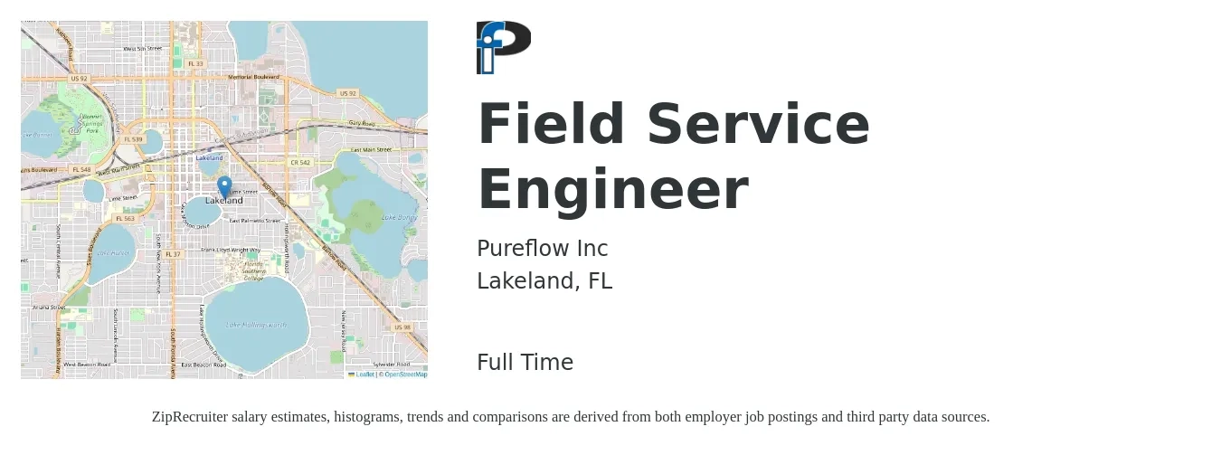 Pureflow Inc job posting for a Field Service Engineer in Lakeland, FL with a salary of $53,000 to $78,600 Yearly with a map of Lakeland location.