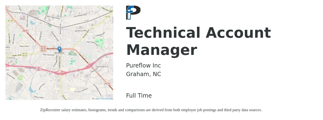 Pureflow Inc job posting for a Technical Account Manager in Graham, NC with a salary of $49,800 to $80,800 Yearly with a map of Graham location.