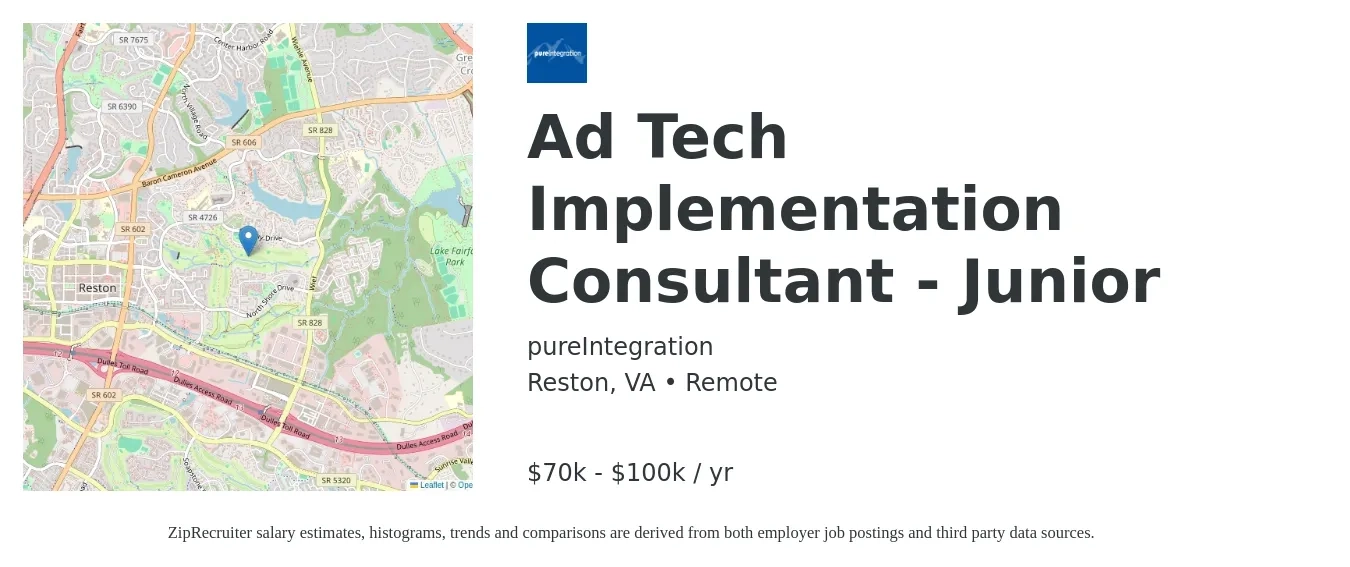pureIntegration job posting for a Ad Tech Implementation Consultant - Junior in Reston, VA with a salary of $70,000 to $100,000 Yearly with a map of Reston location.