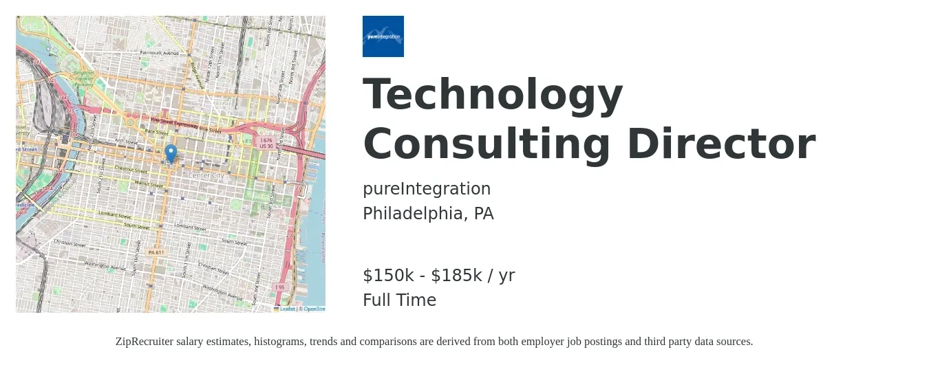 pureIntegration job posting for a Technology Consulting Director in Philadelphia, PA with a salary of $150,000 to $185,000 Yearly with a map of Philadelphia location.