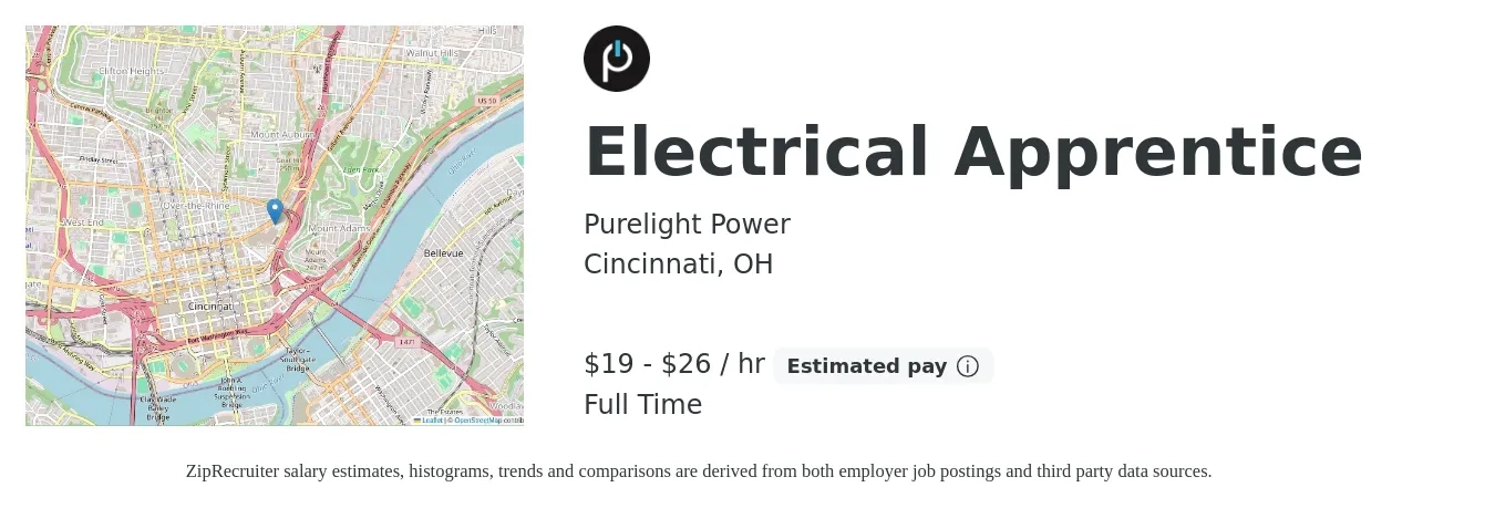 Purelight Power job posting for a Electrical Apprentice in Cincinnati, OH with a salary of $20 to $28 Hourly with a map of Cincinnati location.