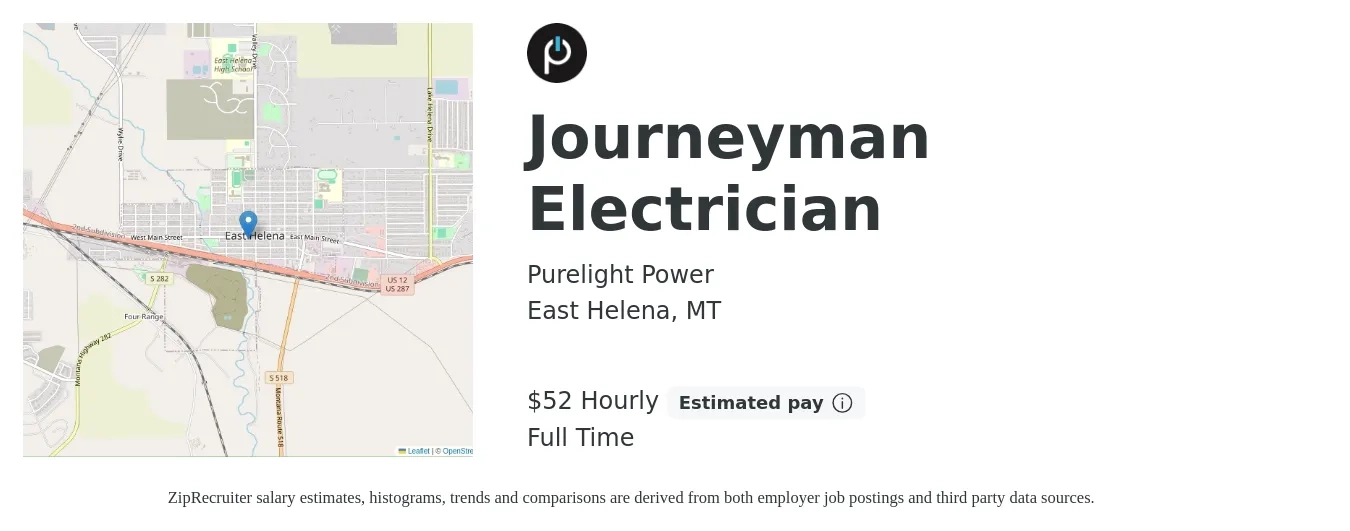 Purelight Power job posting for a Journeyman Electrician in East Helena, MT with a salary of $24 to $33 Hourly with a map of East Helena location.