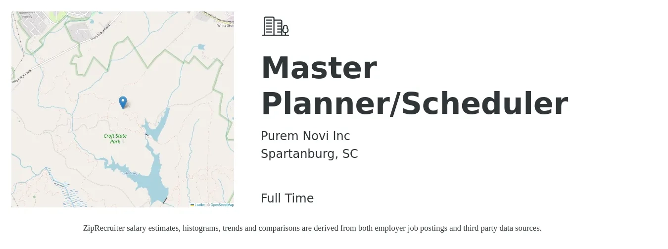 Purem Novi Inc job posting for a Master Planner/Scheduler in Spartanburg, SC with a salary of $57,900 to $91,000 Yearly with a map of Spartanburg location.