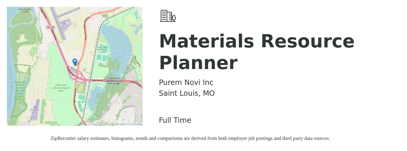 Purem Novi Inc job posting for a Materials Resource Planner in Saint Louis, MO with a salary of $24 to $34 Hourly with a map of Saint Louis location.