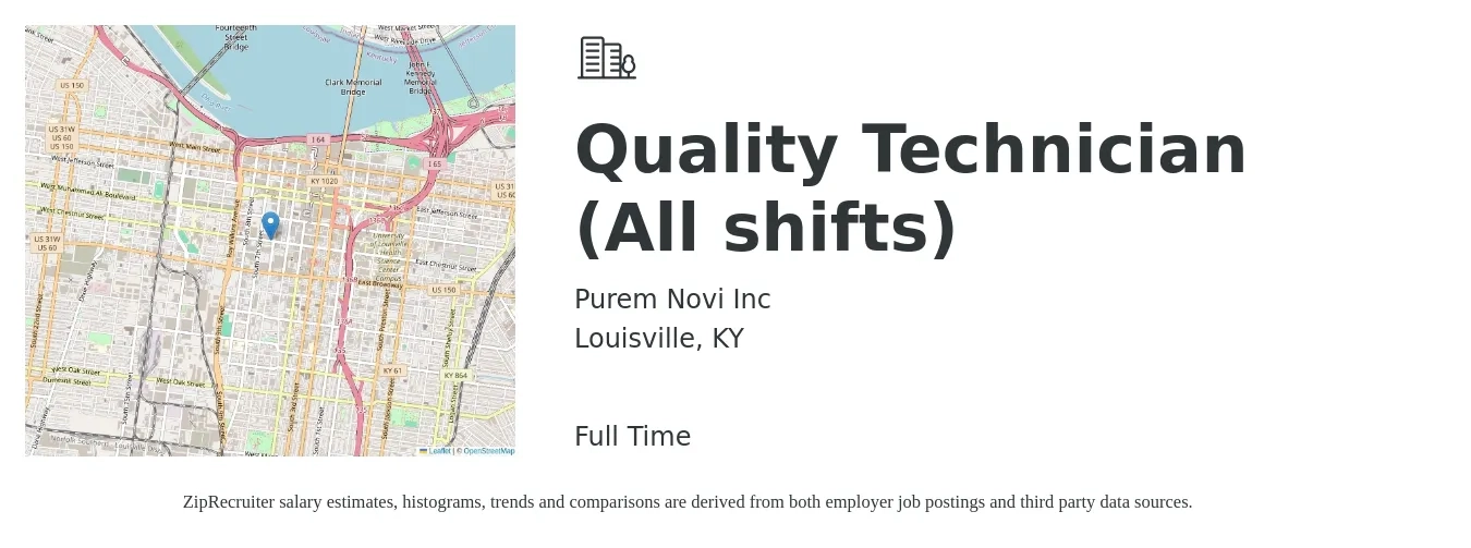 Purem Novi Inc job posting for a Quality Technician (All shifts) in Louisville, KY with a salary of $16 to $22 Hourly with a map of Louisville location.