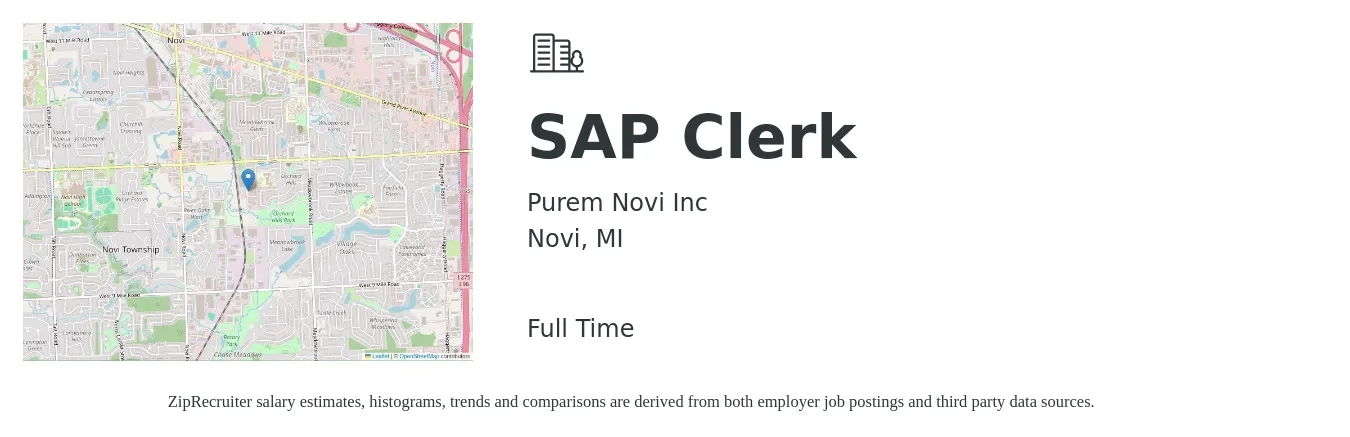 Purem Novi Inc job posting for a SAP Clerk in Novi, MI with a map of Novi location.