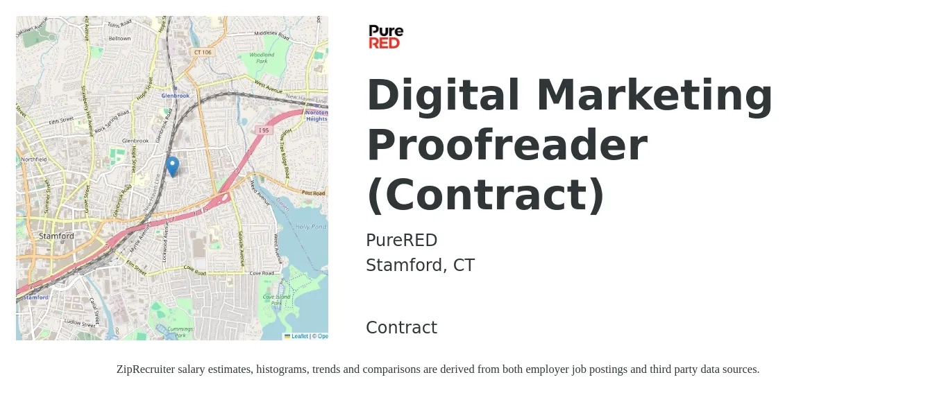 PureRED job posting for a Digital Marketing Proofreader (Contract) in Stamford, CT with a salary of $23 to $37 Hourly with a map of Stamford location.