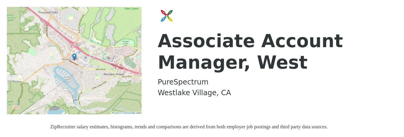 PureSpectrum job posting for a Associate Account Manager, West in Westlake Village, CA with a salary of $55,000 to $70,000 Yearly with a map of Westlake Village location.