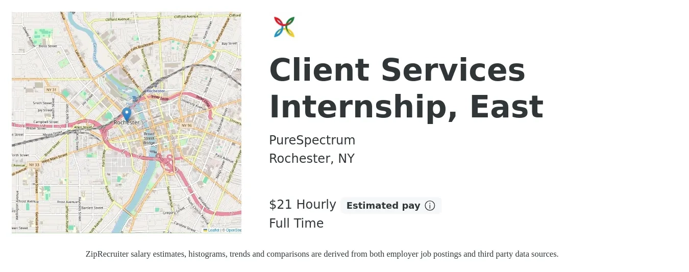 PureSpectrum job posting for a Client Services Internship, East in Rochester, NY with a salary of $22 Hourly with a map of Rochester location.
