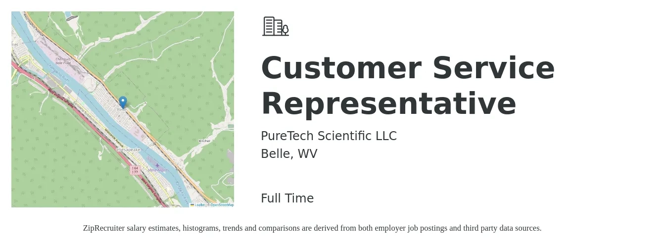 PureTech Scientific LLC job posting for a Customer Service Representative in Belle, WV with a salary of $15 to $21 Hourly with a map of Belle location.