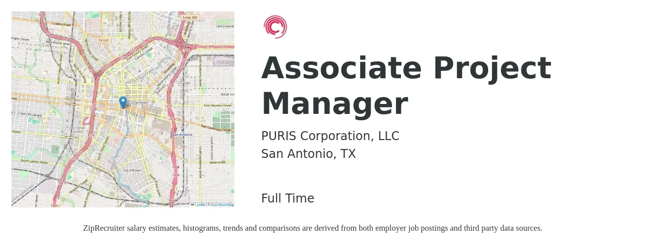 PURIS Corporation, LLC job posting for a Associate Project Manager in San Antonio, TX with a salary of $27 to $40 Hourly with a map of San Antonio location.