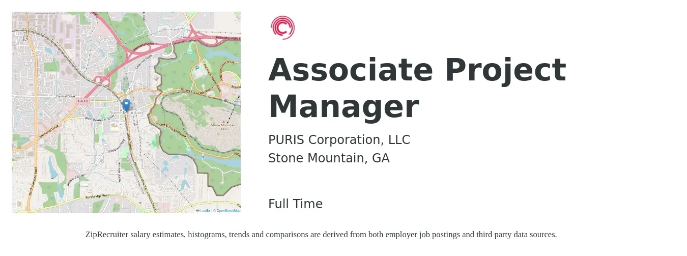 PURIS Corporation, LLC job posting for a Associate Project Manager in Stone Mountain, GA with a salary of $28 to $42 Hourly with a map of Stone Mountain location.