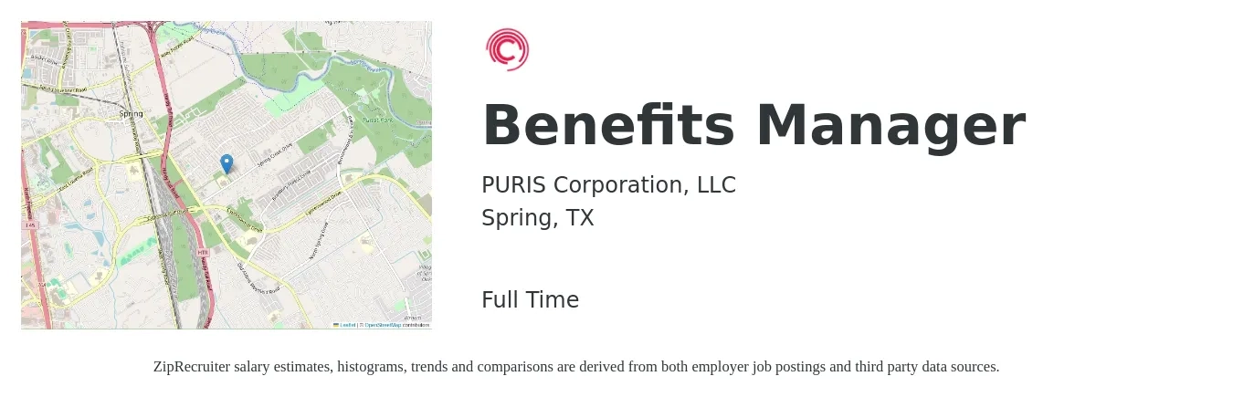 PURIS Corporation, LLC job posting for a Benefits Manager in Spring, TX with a salary of $60,900 to $95,700 Yearly with a map of Spring location.