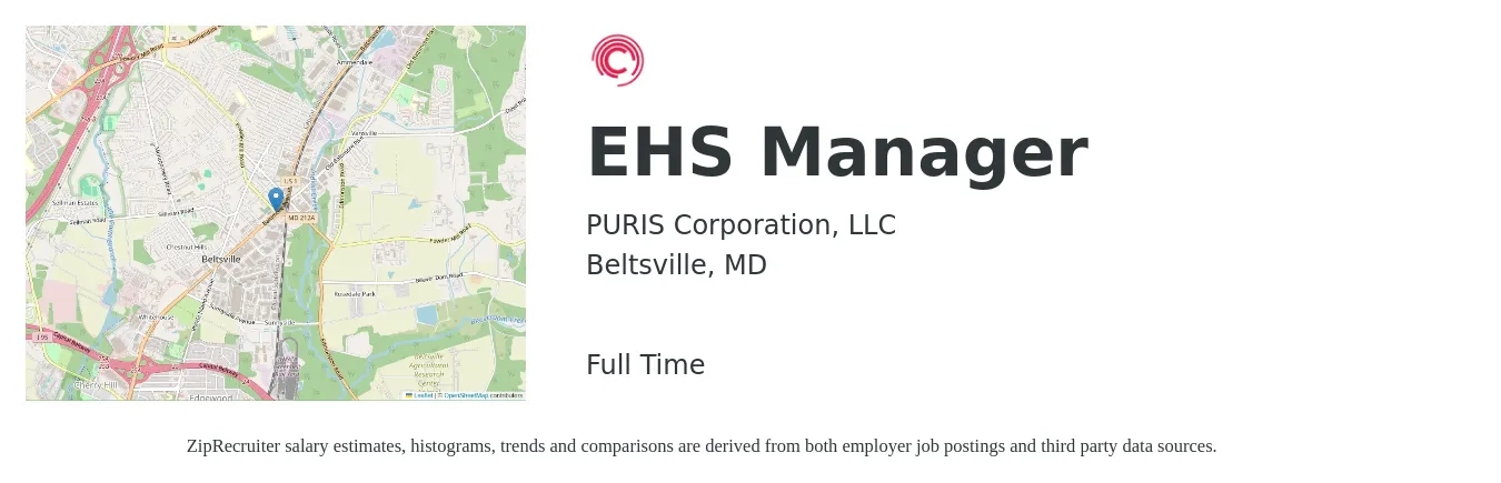 PURIS Corporation, LLC job posting for a EHS Manager in Beltsville, MD with a salary of $84,100 to $114,000 Yearly with a map of Beltsville location.