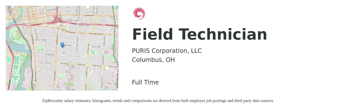 PURIS Corporation, LLC job posting for a Field Technician in Columbus, OH with a salary of $19 to $26 Hourly with a map of Columbus location.