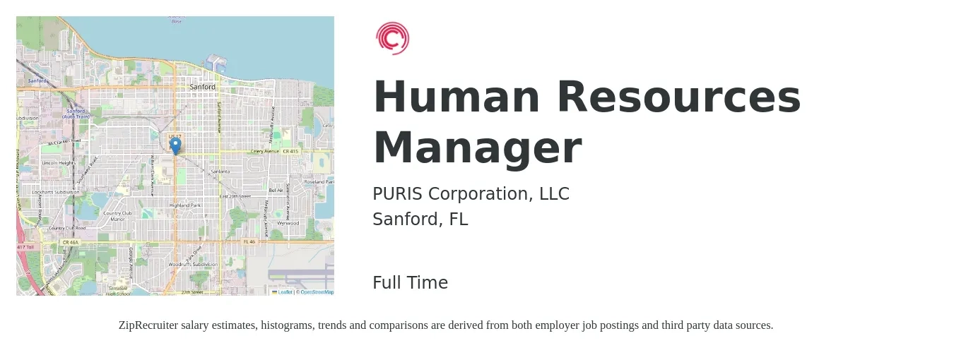 PURIS Corporation, LLC job posting for a Human Resources Manager in Sanford, FL with a salary of $62,100 to $90,100 Yearly with a map of Sanford location.