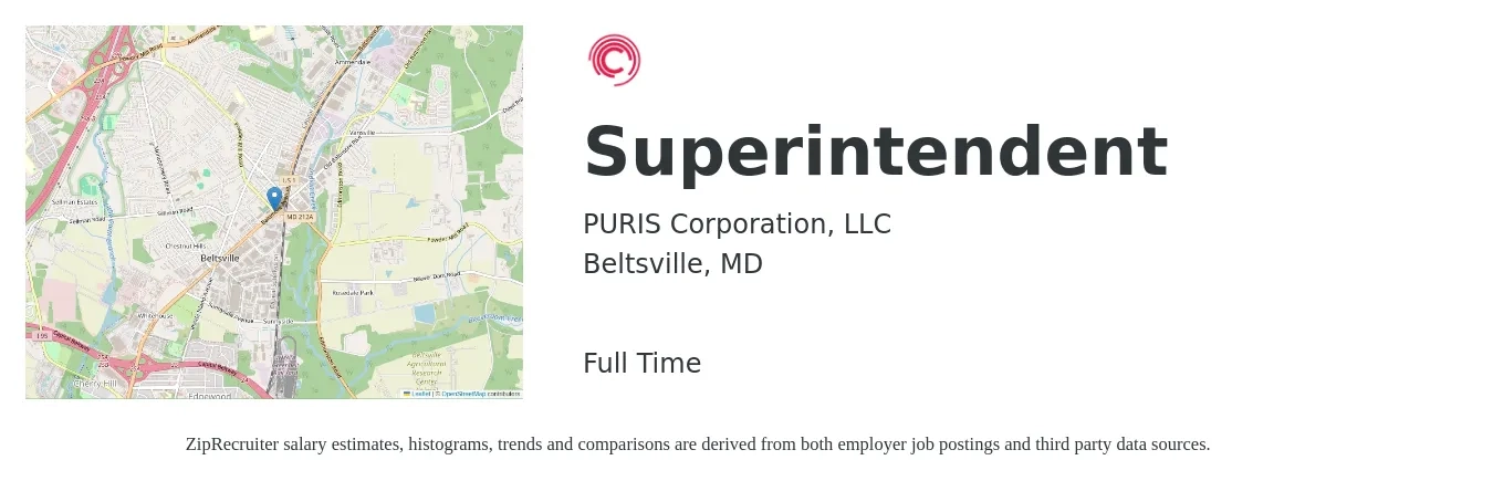 PURIS Corporation, LLC job posting for a Superintendent in Beltsville, MD with a salary of $72,000 to $117,100 Yearly with a map of Beltsville location.