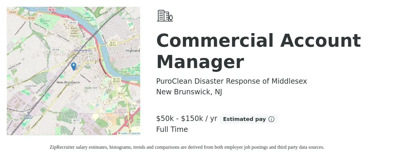 PuroClean Disaster Response of Middlesex job posting for a Commercial Account Manager in New Brunswick, NJ with a salary of $50,000 to $150,000 Yearly with a map of New Brunswick location.