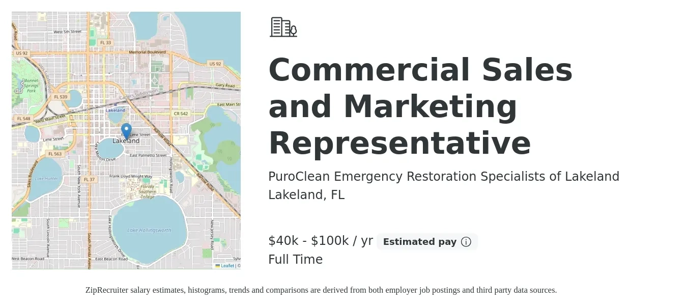 PuroClean Emergency Restoration Specialists of Lakeland job posting for a Commercial Sales and Marketing Representative in Lakeland, FL with a salary of $40,000 to $100,000 Yearly with a map of Lakeland location.