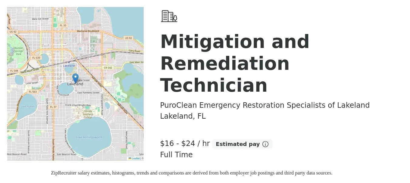 PuroClean Emergency Restoration Specialists of Lakeland job posting for a Mitigation and Remediation Technician in Lakeland, FL with a salary of $17 to $25 Hourly with a map of Lakeland location.