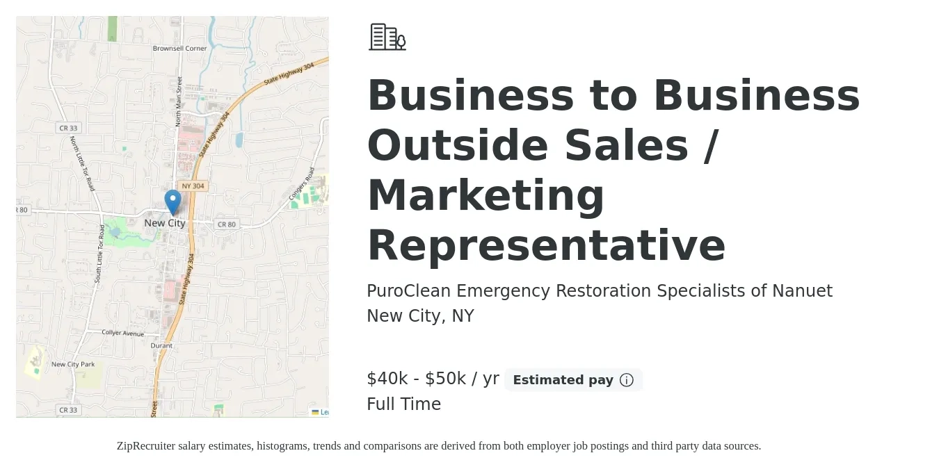PuroClean Emergency Restoration Specialists of Nanuet job posting for a Business to Business Outside Sales / Marketing Representative in New City, NY with a salary of $40,000 to $50,000 Yearly with a map of New City location.