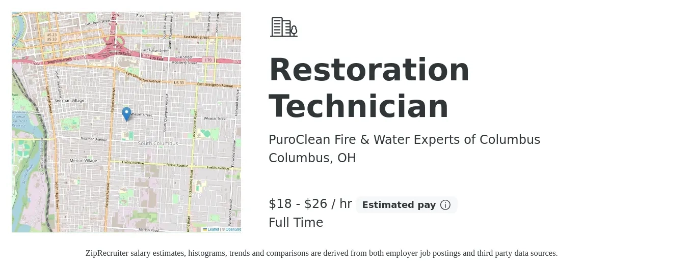 PuroClean Fire & Water Experts of Columbus job posting for a Restoration Technician in Columbus, OH with a salary of $19 to $28 Hourly with a map of Columbus location.