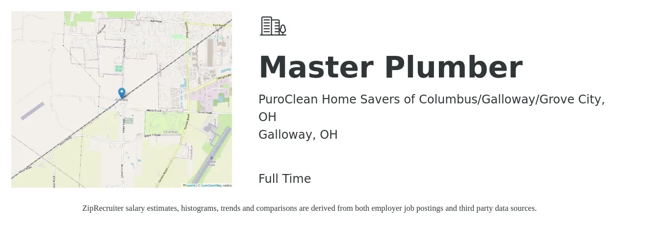 PuroClean Home Savers of Columbus/Galloway/Grove City, OH job posting for a Master Plumber in Galloway, OH with a salary of $29 to $44 Hourly with a map of Galloway location.